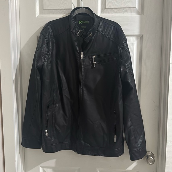 Black leather jacket 
Refinery Republic Black Faux Leather Full Zip Jacket Sz L - Picture 1 of 6